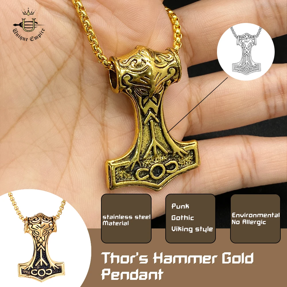 

Viking Hammer Pendant Necklace for MenNordic Mythology Mjolnir Jewelry in Gold Tone Viking Inspired Hip Hop Chain Trendy