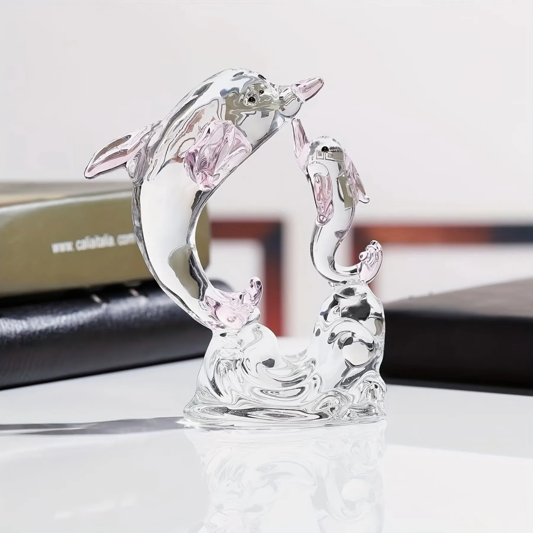 Crystal Pink Dolphin Pair - Handmade Glass Ocean Animal Decor, Home Office Desk Ornament, Birthday Gift for Women, Beach Room