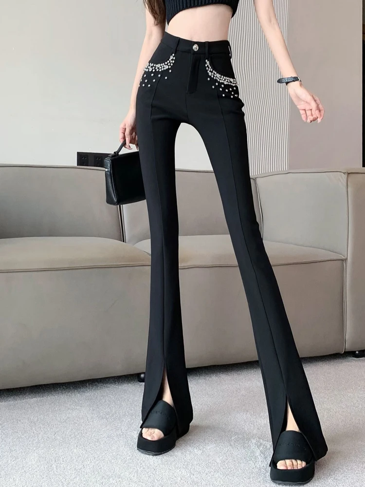 Pocket Diamond Beaded Heavy Bootcut Pants Female Spring Fashion High Waist Slim Middle Line Front Slit Suit Bell-Bottom Pants