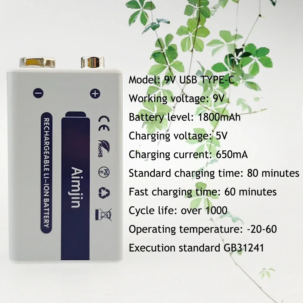 9V lithium battery USB rechargeable lithium-ion 9V 1800mAh, with USB cable, suitable for cameras and other electronic devices