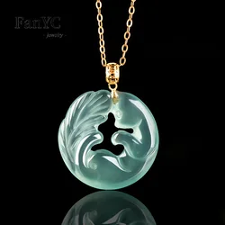 Authentic Myanmar Jadeite Blue Water Nine-tailed Fox Pendant 18K Gold Ice Inlaid Luxury Exquisite Fashion Ladies Pendant Gift