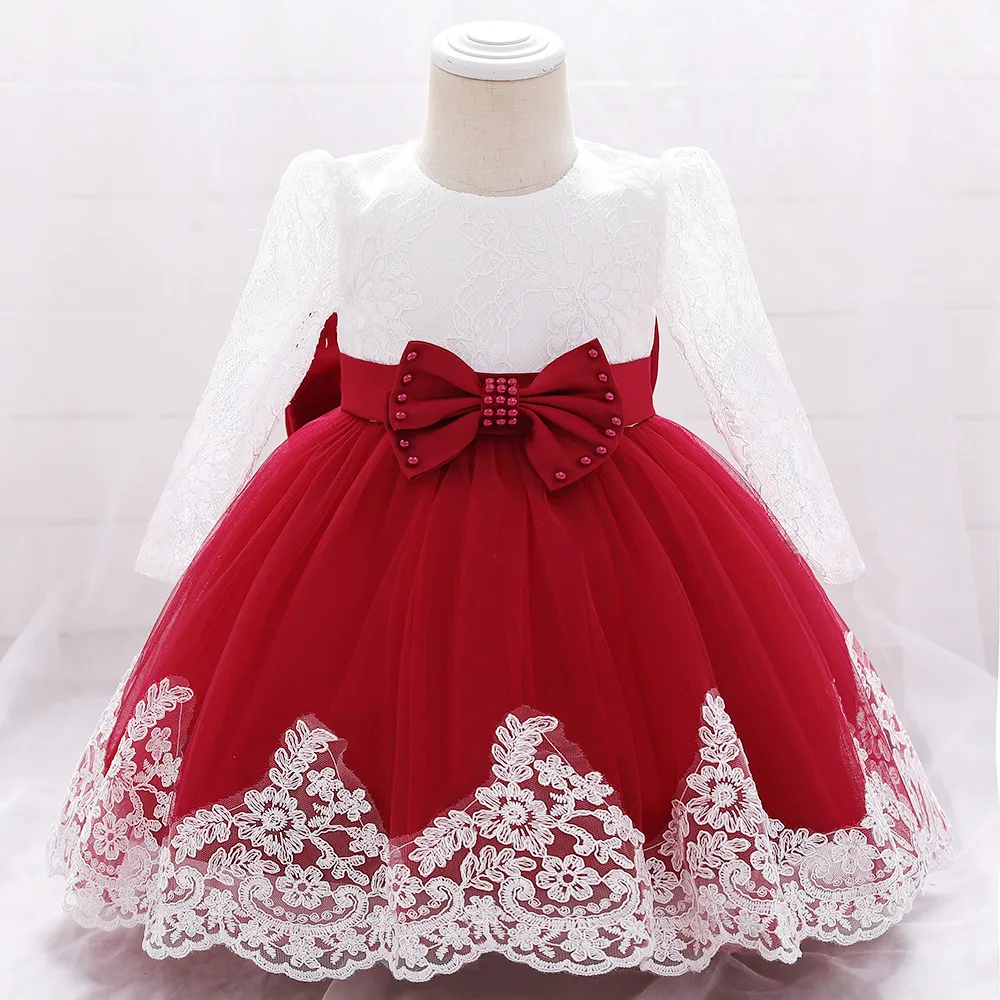 Elegant Long Sleeve Baby Girl Dresses Big Bow Party Wedding Girl Lace Dresses Infant Girl 1st Birthday Princess Baptism Costumes