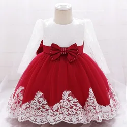 Long Sleeve Baby Girls Dress Newborn White Baptism Tulle Party Wedding 1st Birthday Princess Dresses Infant Girls Bow Prom Gown