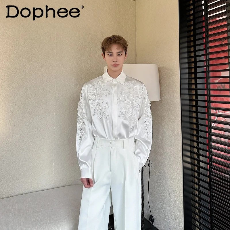 

Мужские рубашки с длинными рукавами на весну и осень 2023, новые атласные трехмерные рубашки с вышивкой и блестками, легкая роскошная модная трендовая рубашка