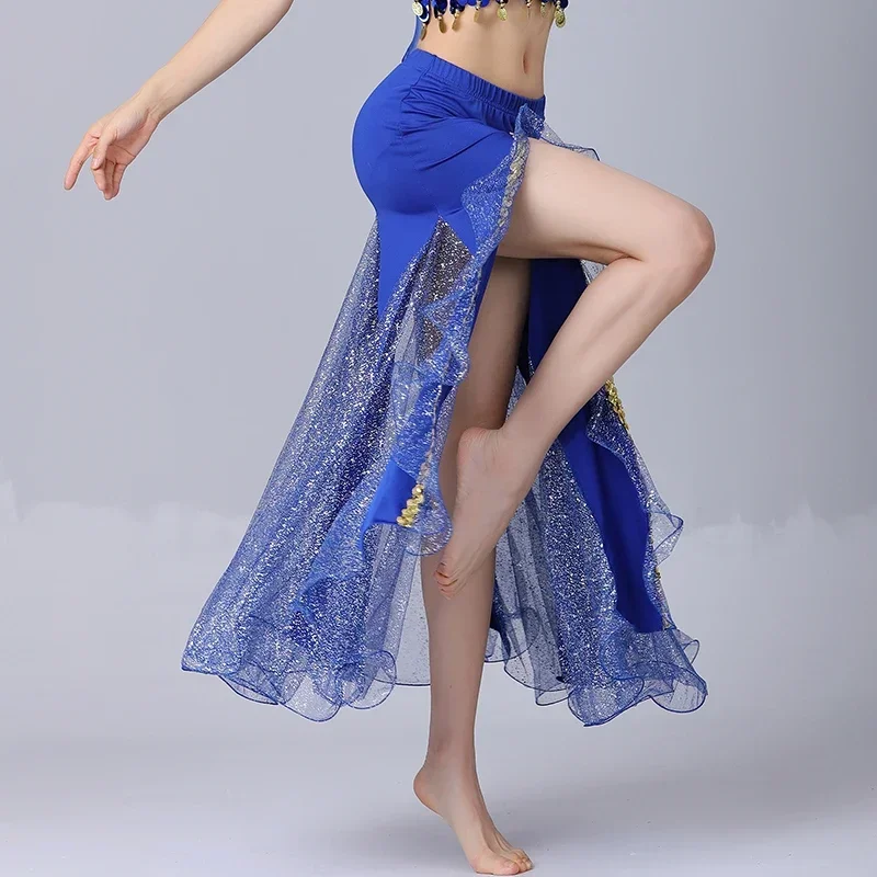 Women Sparkly Spilt Belly Dance Skirt Lady Sexy Ballroom Long Spanish Performance Stage Costume Oriental Dancing Practice Dress