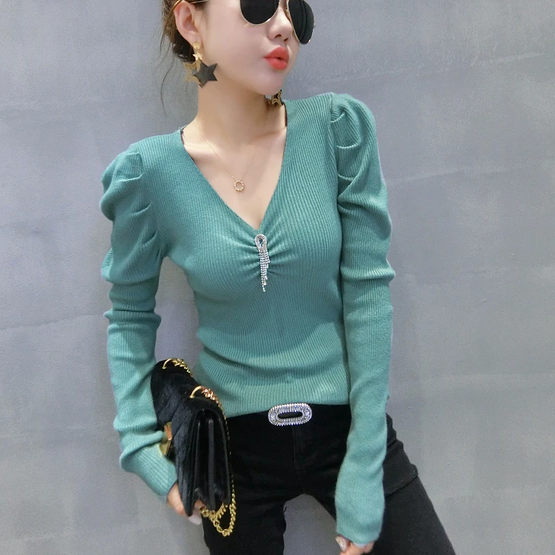 #4302 Black White Purple Green Casual Knitted Sweater Women Turtleneck Pullovers V Neck Sexy Tight Female Sweater Puff Sleeved