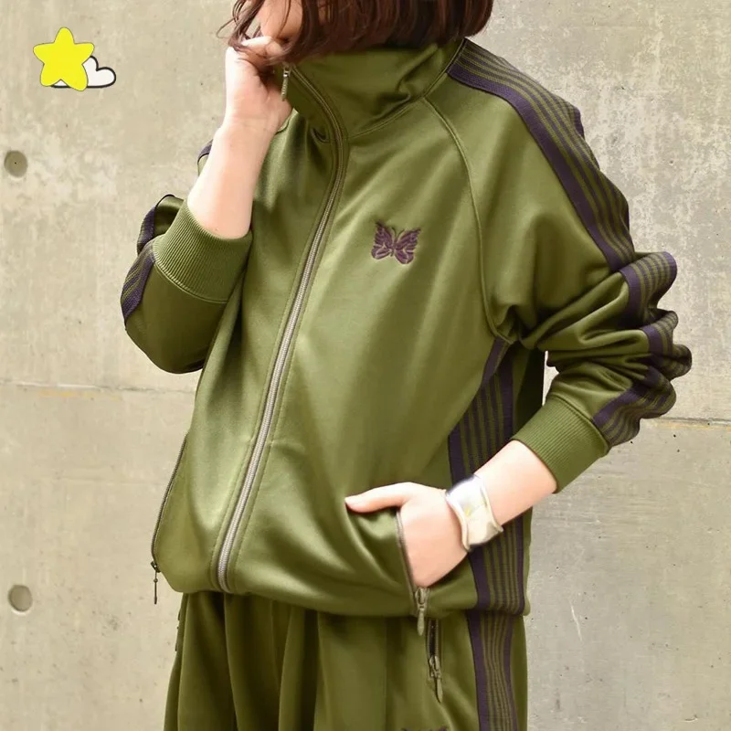 25ss Men Women Casual Nee dles Butterfly Embroidery Olive Green Jacket Top Quality Track Coats Striped Zipper Jackets