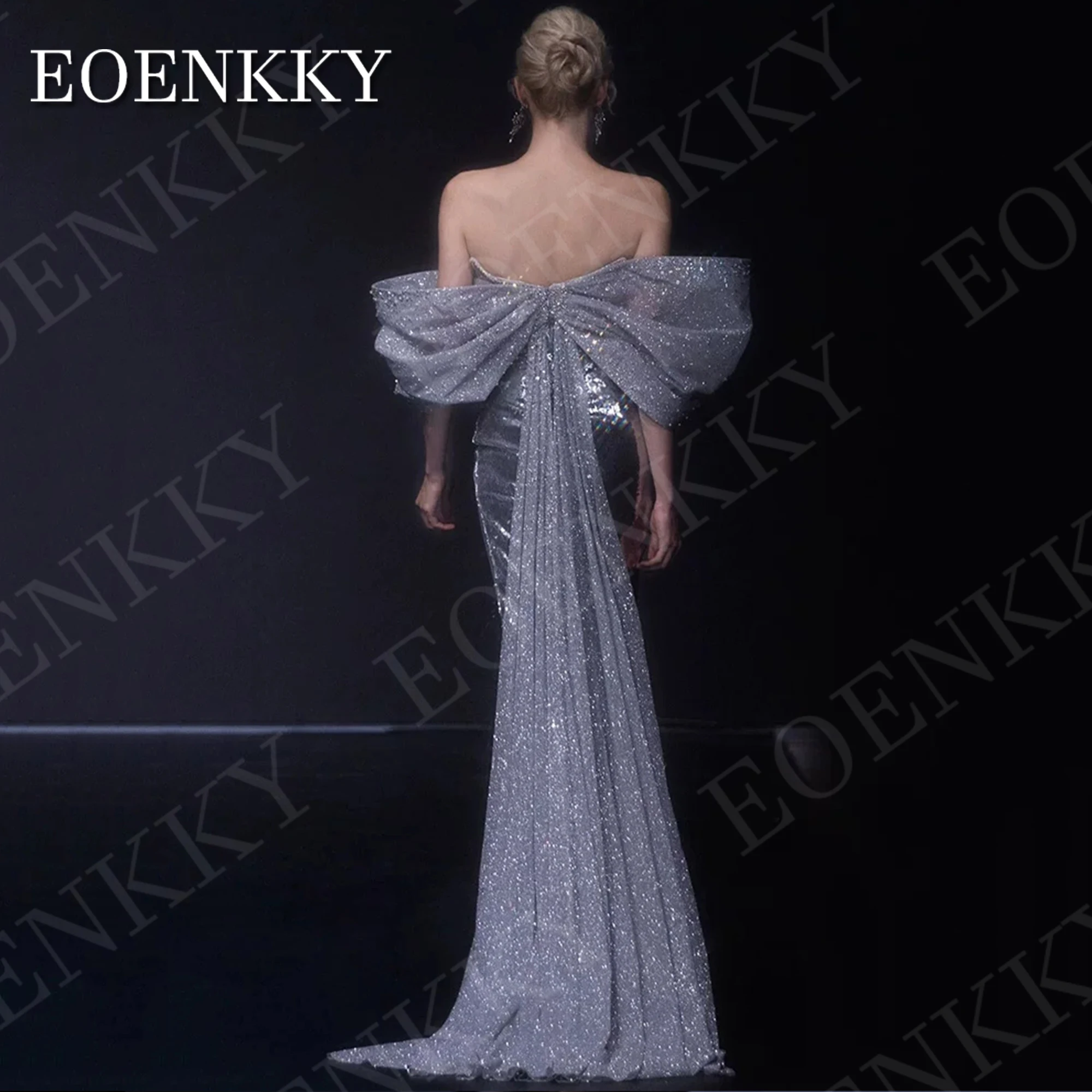 EOENKKY Elegant Sequin Evening Dress Luxury Off Shoulder Sparkly Mermaid Side Split Formal Party Dresses Silver Customized Women