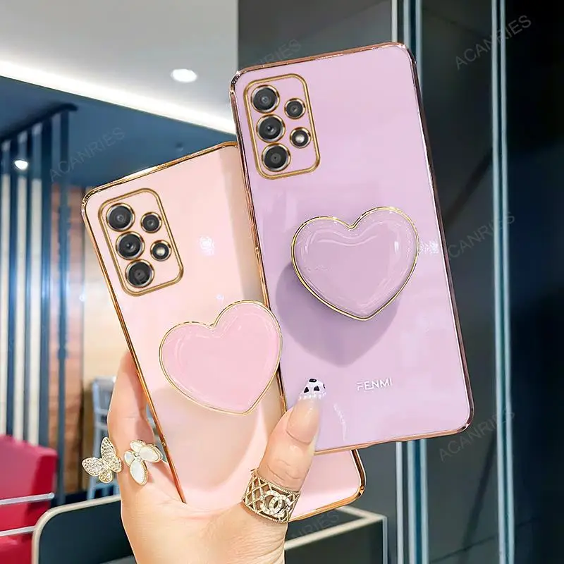 A 33 53 13 Love Heart Holder Case For Samsung Galaxy A53 A13 A33 A23 A73 A32 4g A52s 5g A72 Luxury Plating Stand Silicone Cover