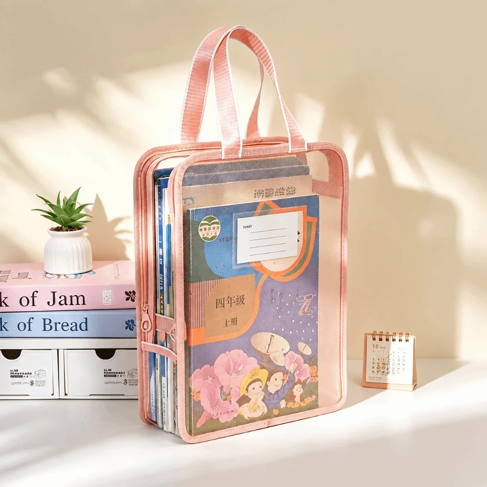 Portable Clear Tote File Bag Mesh L-Shape Large Opening A4 Book Handbag Large Capacity Waterproof Tutoring Bag School Office