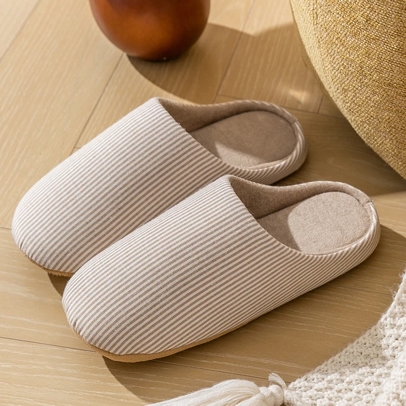Simple Striped Home Slippers Men's Spring and Autumn Indoor Wooden Floor Bedroom Silent Comfortable Japanese Style Home Shoes