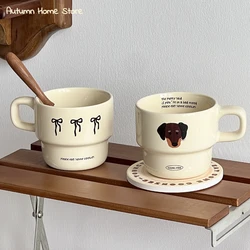 Cream Brown Bow Puppy Ceramic Mug with Hand-painted Coffee Stacking Cup As A Gift