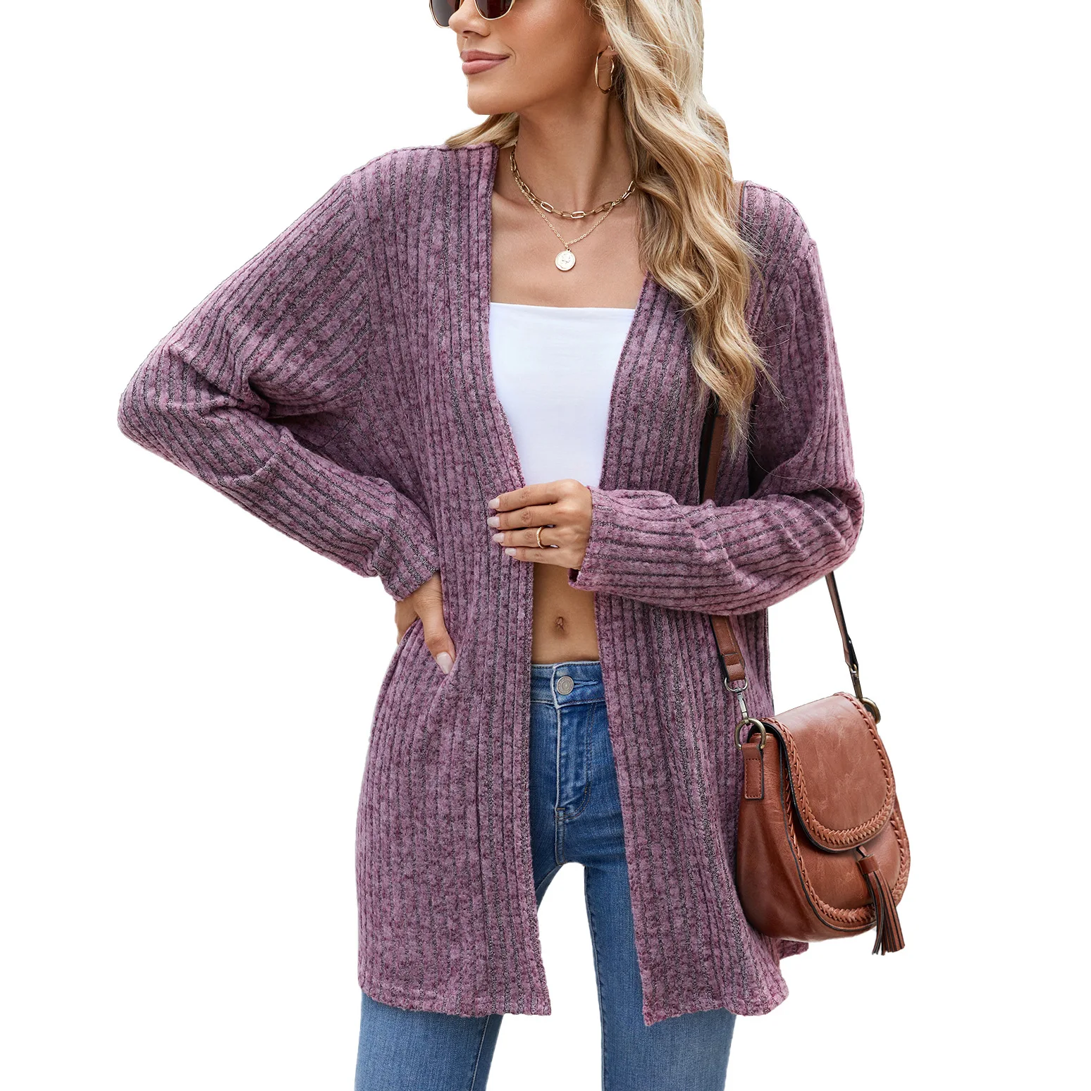 Solid Color Pit Stripes Grinding Wool Long-sleeved Casual Cardigan Jacket Long Cardigan Women Tops Kawaii Sweater