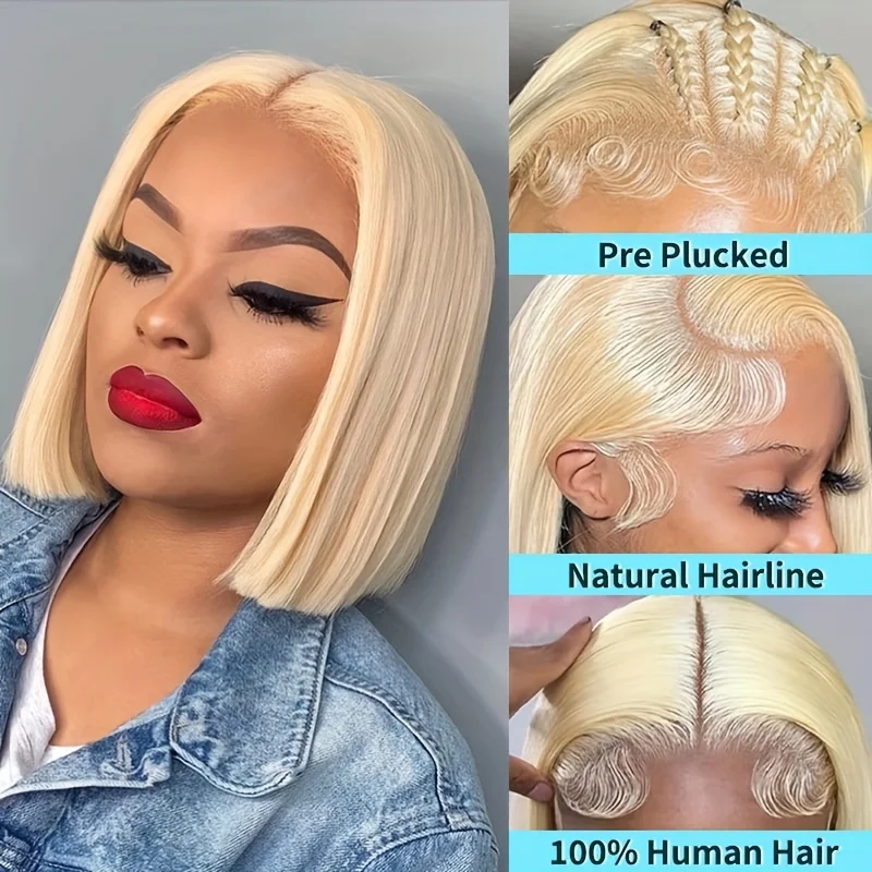 13x4 Blonde Bob Perücke Spitze Front Echthaar Perücken 613 Knochen Gerade Spitze Frontal Perücke 200% Kurz geschnitten Bob Perücke Vorgezupft Für Frauen