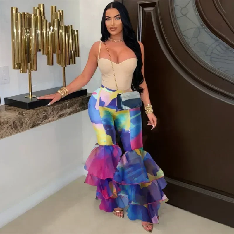 

GUWU Elegant Women Tie Dye Print Ruffles Flare High Waist Pants Street Summer Beach Holiday Sexy Party Trousers