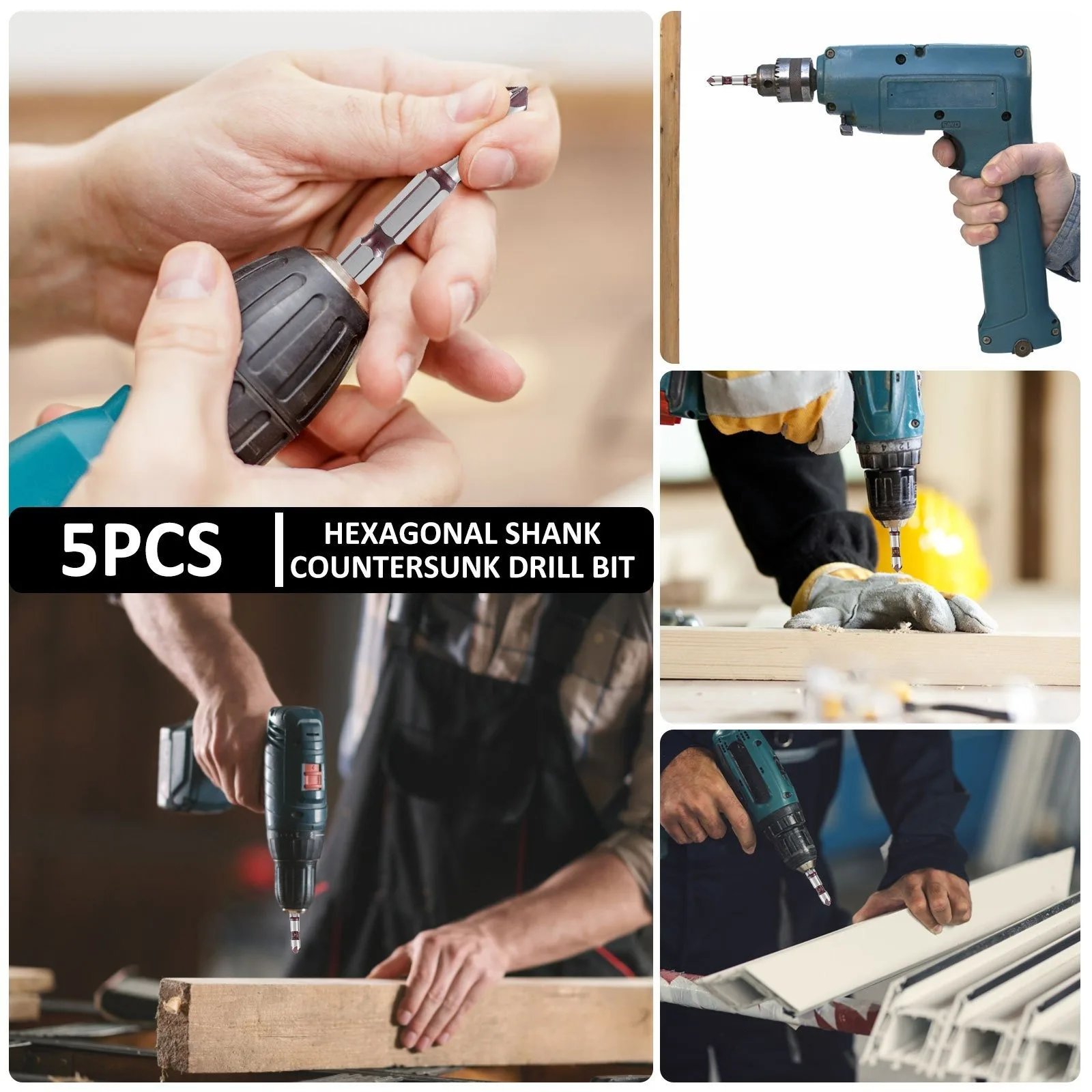 5pcs HSS Titanium Countersink Bit Set Chamfer 1/4" 3/8” 1/2” 5/8 3/4” Hex Shank for Wood Metal Deburring Chamfering Tool