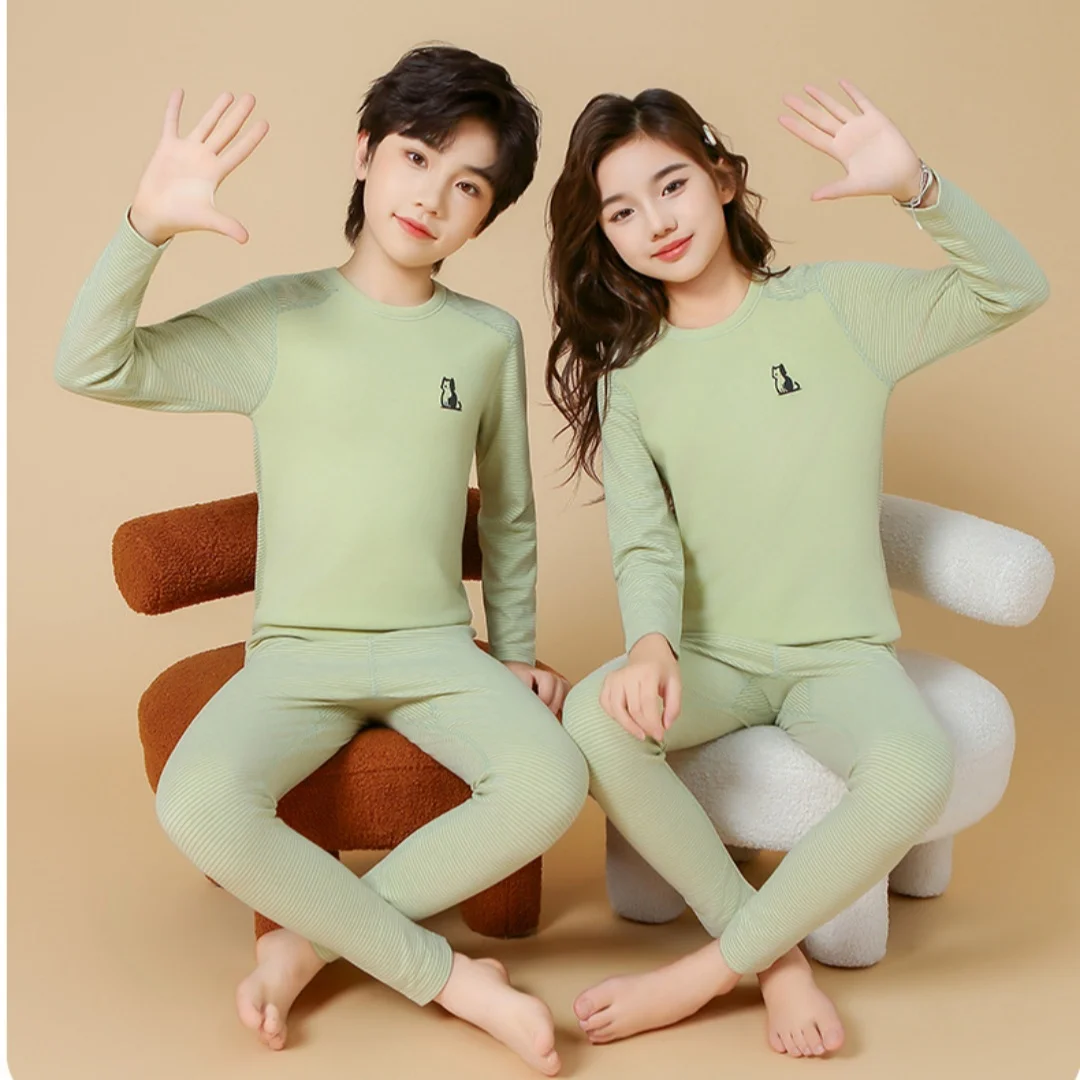 4-9Y الأطفال نحى ملابس اخلية حرارية مجموعات اللون كتلة طويلة الأكمام بلوزات وسراويل أطفال بنين بنات الخريف الشتاء الدافئة منامة