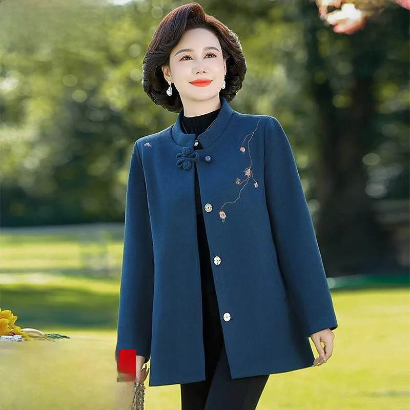 

Элегантное шерстяное пальто с воротником-стойкой для женщин среднего и старшего возраста: модный осенний топ от Hengyuanxiang