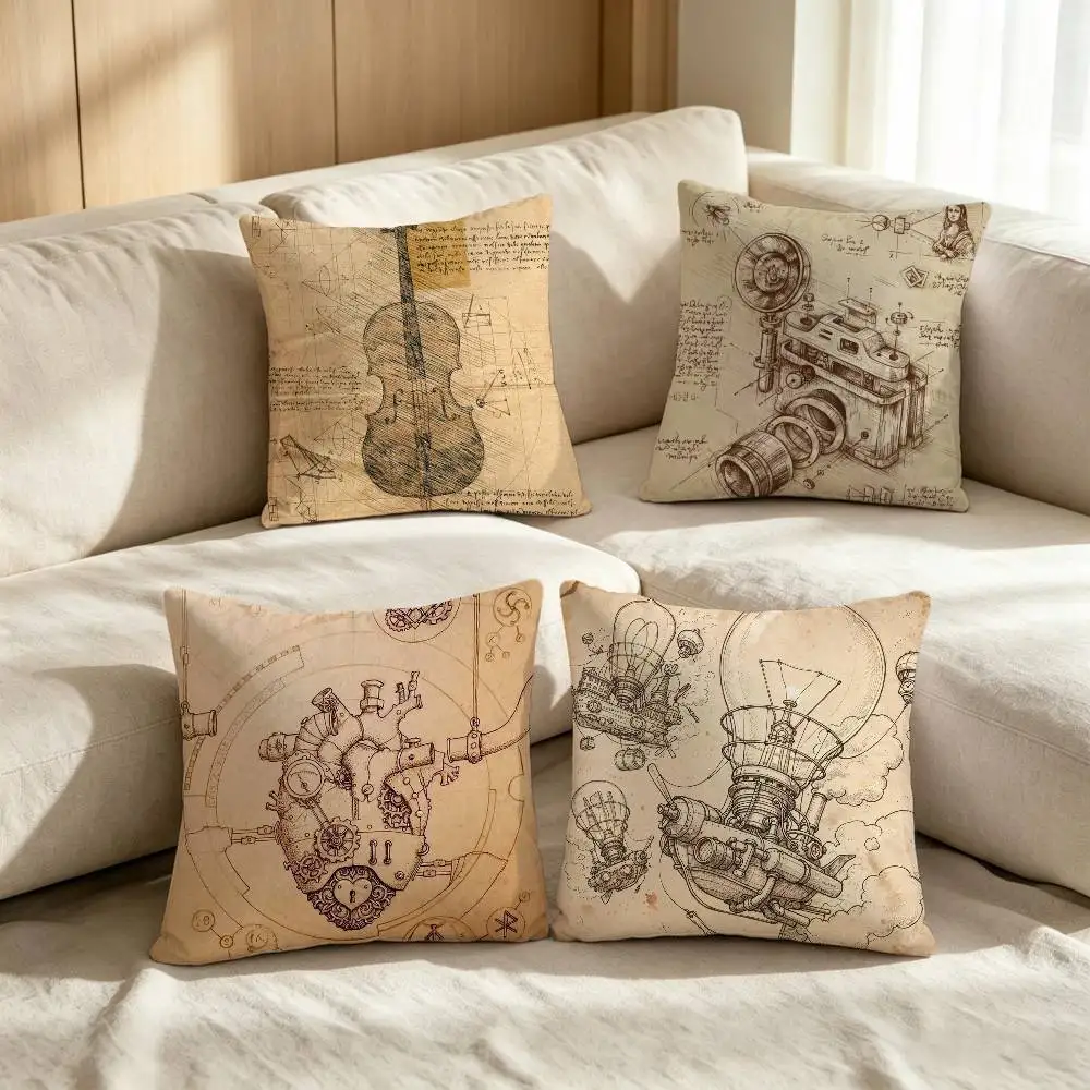 Da Vinci Inspired Sketches Cushion Cover Decorative Pillow Sofa Home Decor Case Pillow Cases
