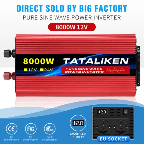 EU 소켓 순수 사인파 인버터, 트랜퍼머 50HZ 7000W 8000W DC 12V AC 220V 전압 변환기 자동차 고전력 LED