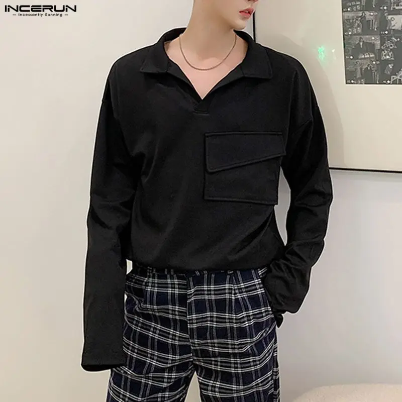 INCERUN الرجال قميص بلون التلبيب كم طويل جيوب موضة الرجال الملابس الشارع الشهير فضفاض موضة بلايز عادية قمصان الذكور #2