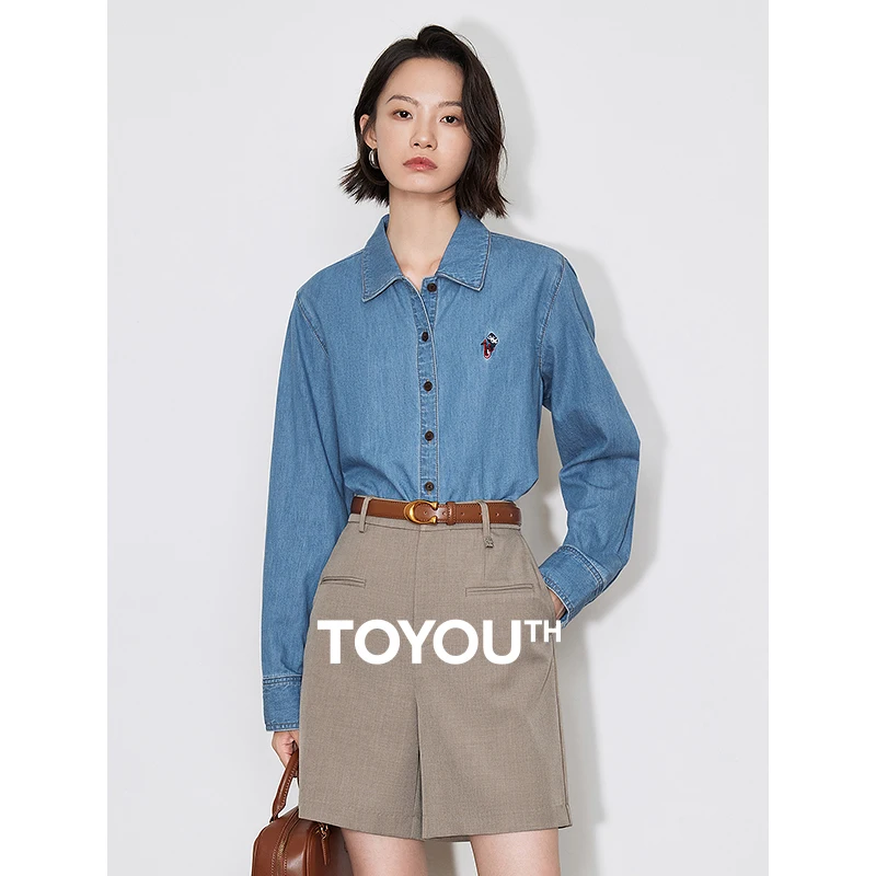 TOYOUTH-Blusa de algodón puro para mujer, camisa bordada con cuello tipo Polo, chaqueta vaquera de manga larga, novedad de otoño, 2024