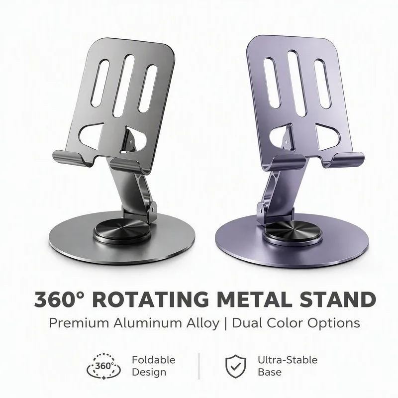 All‑Metal 360° Rotatable Phone Tablet Stand, Foldable Lift Desktop Holder Universal for Smartphone Tablet Office Desk Accessory