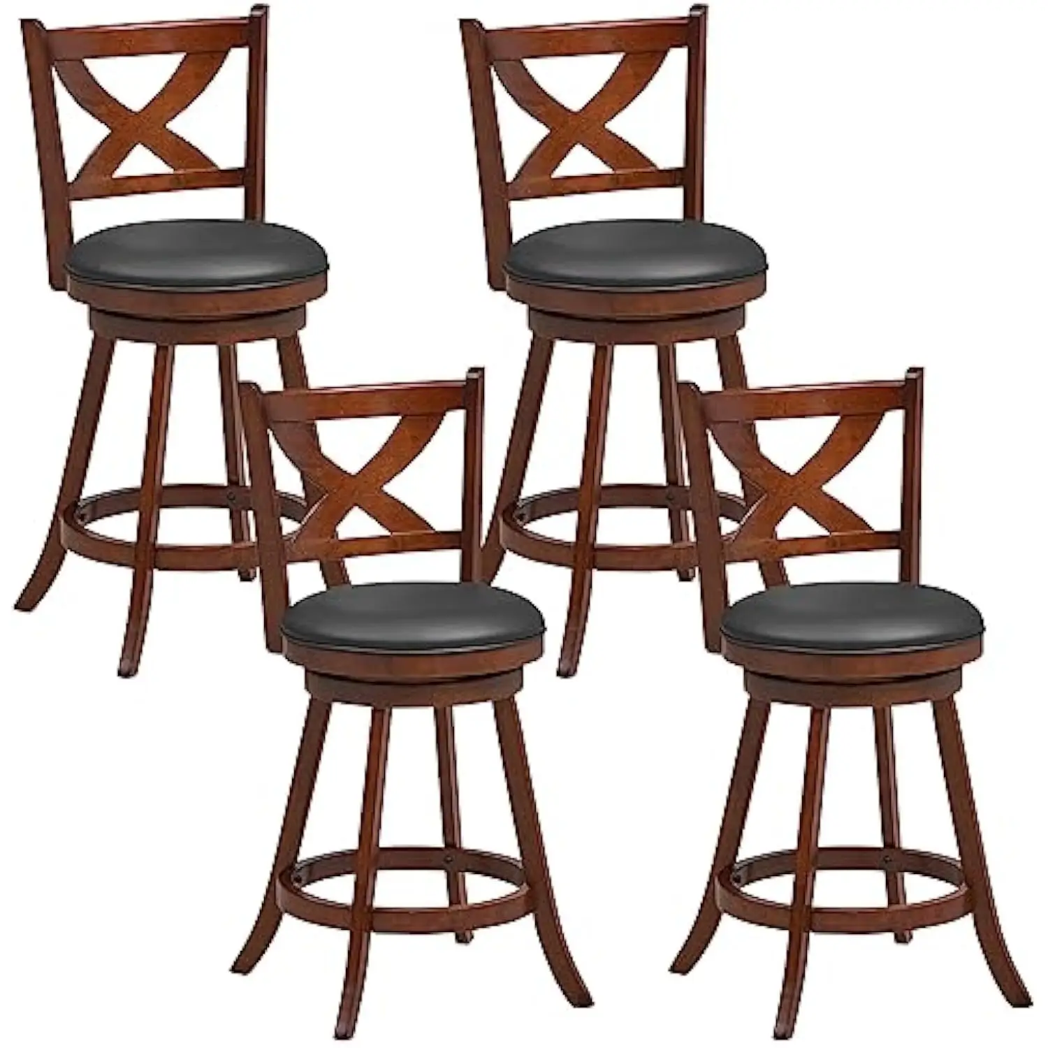 

24” Bar Stools Set of 4, 360 ° Swivel Counter Height Stools with Back, Solid Rubber Wood Frame, Leather Padded Seat, Vintage up