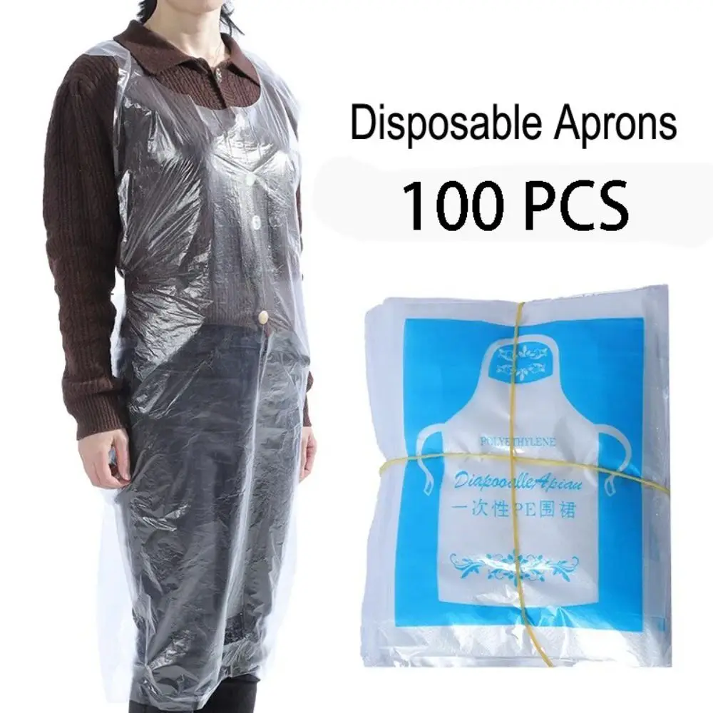 100pcs New Plastic Disposable Apron Transparent Cleaning Anti Pollution Apron Waterproof Housework Kitchen Cooking Aprons Adults