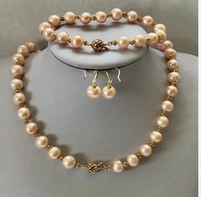 

south sea stunning 9-10mm pink pearl necklace +bracelet+earrings 14k GOLD