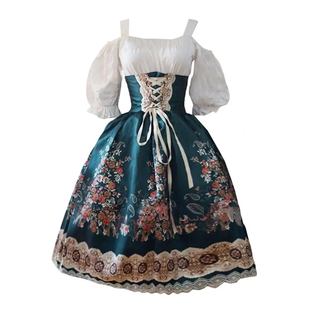 Lace Decoration Dress Elegant Lolita Princess Style Performance Dress with Lace Floral Printing Off Shoulder for Halloween