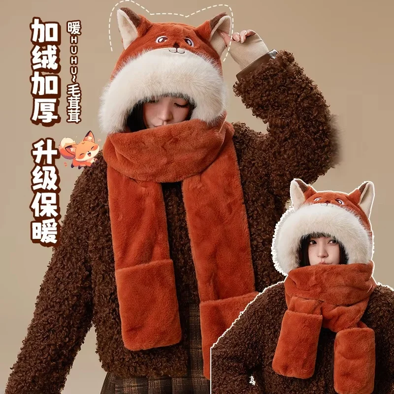 

Zootopia Nick Wilde Thickened Plush Winter Hat Scarf Gloves Set For Women Ear Neck Warmer Integrated Hat Warm Fashionable Gift