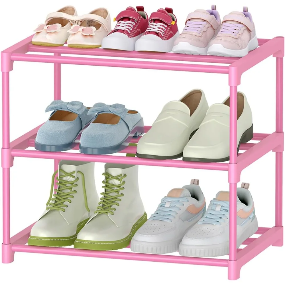 

3-Tier Pink Shoe Racks for Women/Girls/Kids' Closet, Small Shoe Storage for 5-7 Pairs, Lightweight Stackable Shoe Shelf Organize