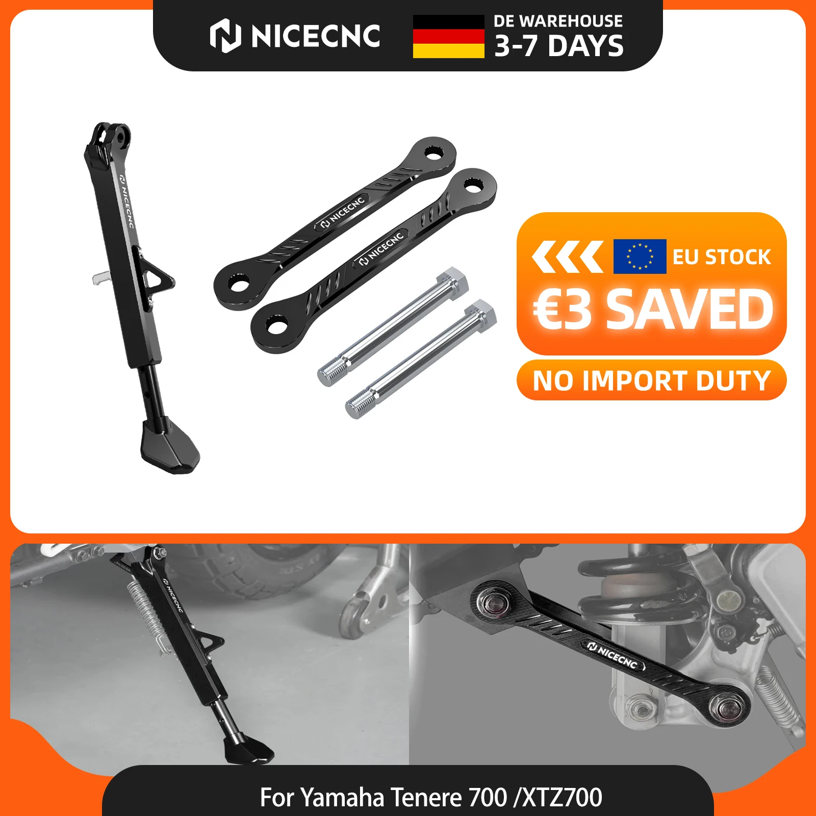 Image of NICECNC Für Yamaha Tenere 700 /XTZ700 2019-2024 Verstellbarer Seitenständer-Tieferlegungs-Kit 38mm 1,5" Für Yamaha Tenere 700 Rally Edition 2020-2024 Tenere 700 2024 2023 2022 2021 2020 2019