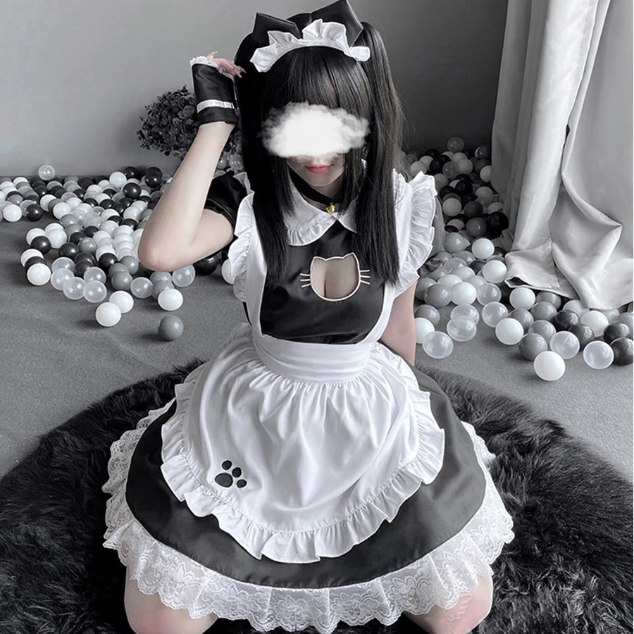 Seksowna czarna kotka dziewczyna pokojówka sukienka słodkie sukienka Lolita Kawayi kotka kostiumy Cosplay kobiety przebranie imprezowe stroje pokojówki