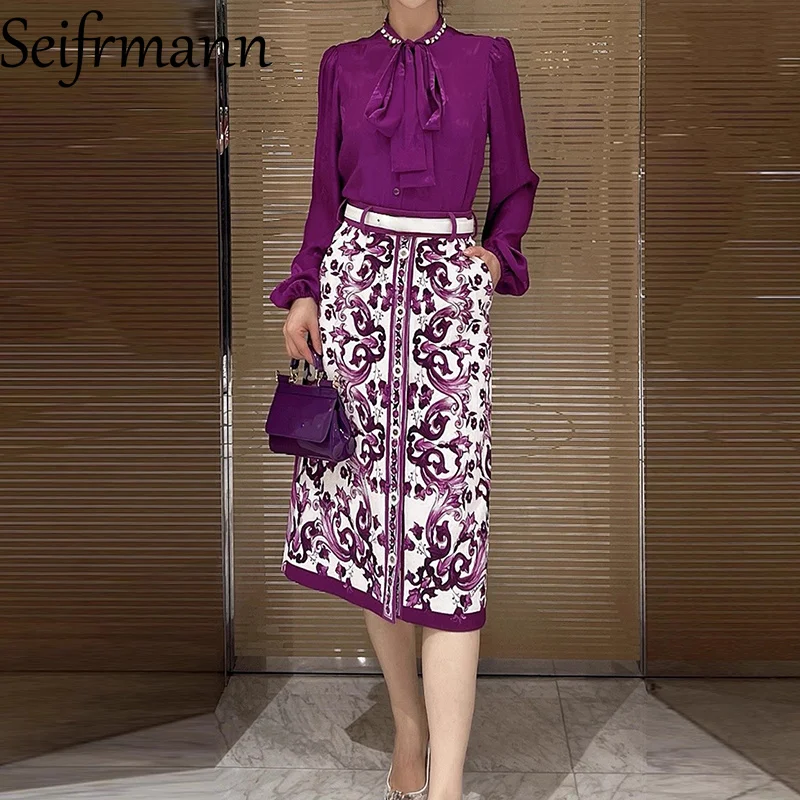 

Seifrmann модный женский костюм с отложным воротником, шелковый топ с длинными рукавами + узкая прямая хлопковая юбка премиум-класса с принтом, комплект из 2 предметов