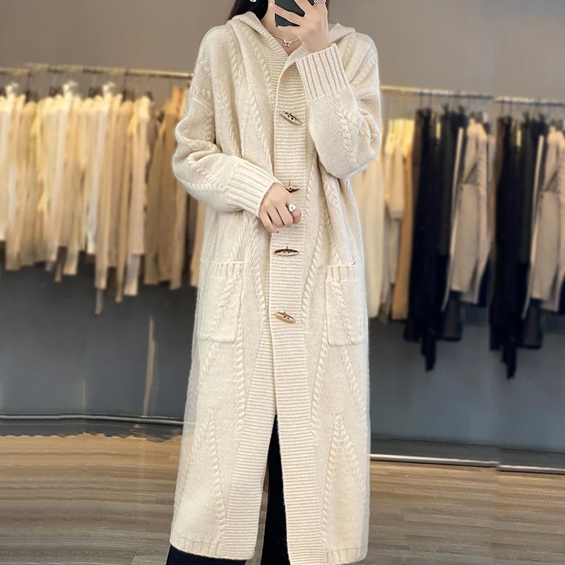 Autumn And Winter New Cashmere Cardigan Women's 100% Pure Wool Coat Loose Hooded Long Horn Button Knitted Sweater