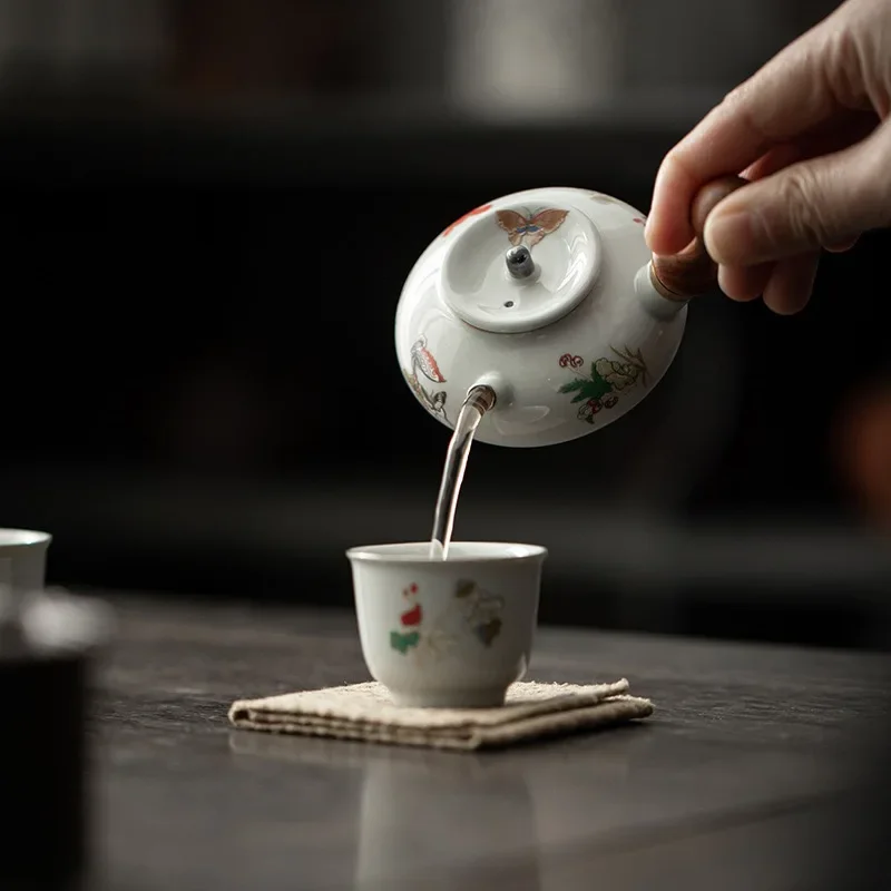 90ML Antique Ceramic Side Handle Pot Literati Teapot Tea Maker Wooden Handle Hand Holding Sketch Pot Household Teapot Master Cup
