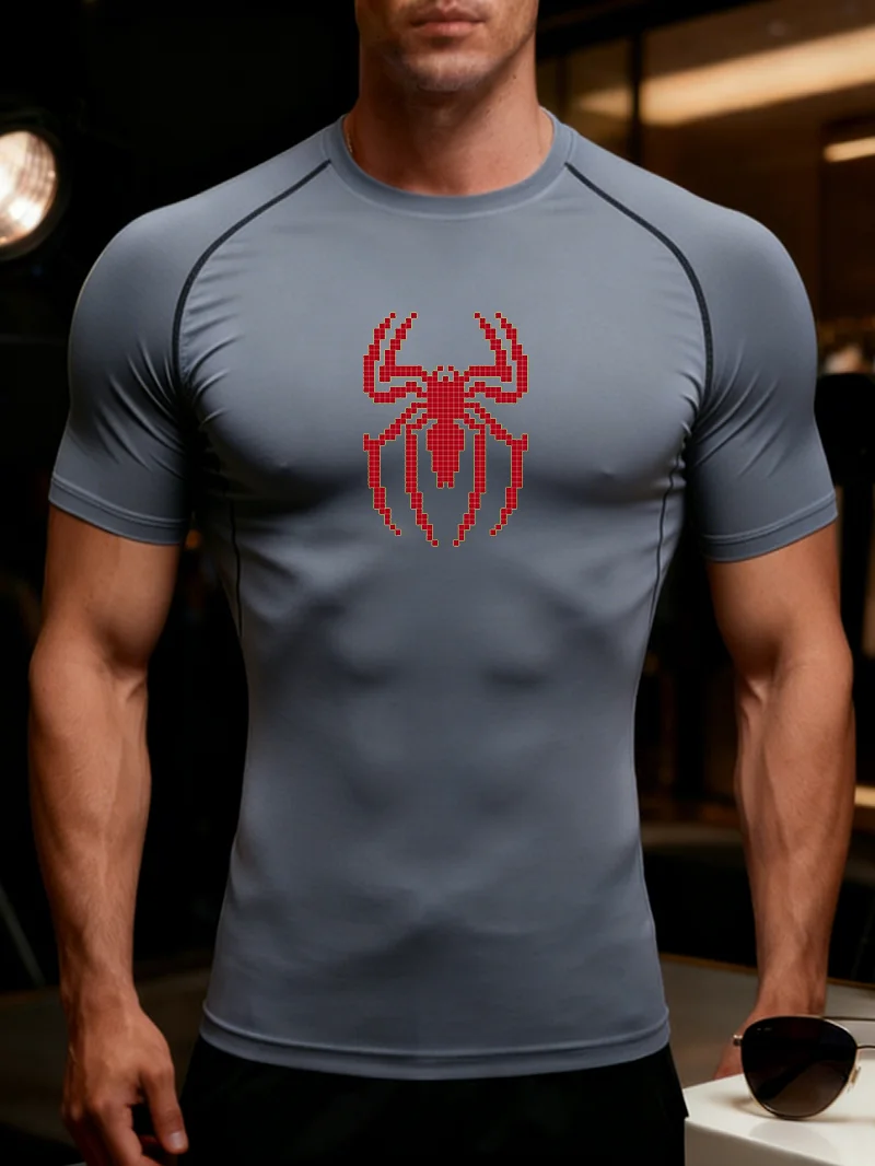 Men's Pixel Spider Print compression running T-shirt fitness tight short sleeved T-shirt training shirt gym sportswear quick dry
