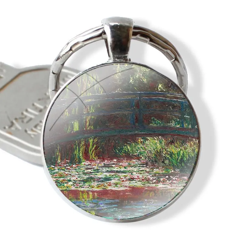 Claude Monet Garden Lotus Keychain Handmade Glass Cabochon Key Ring Holder Pendant Key Chains