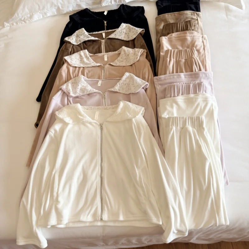 

New Autumn Winter High-end Island Velvet Women's Pajamas Leisure Sports Lace Outside Loungewear Set Spring Sleepwear Pijama Suit