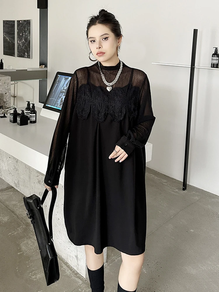 NYFS 2025 ربيع الخريف جديد كوريا فساتين النساء Vestidos رداء Elbise فضفاض حجم كبير شبكة المرقعة فستان الدانتيل #4