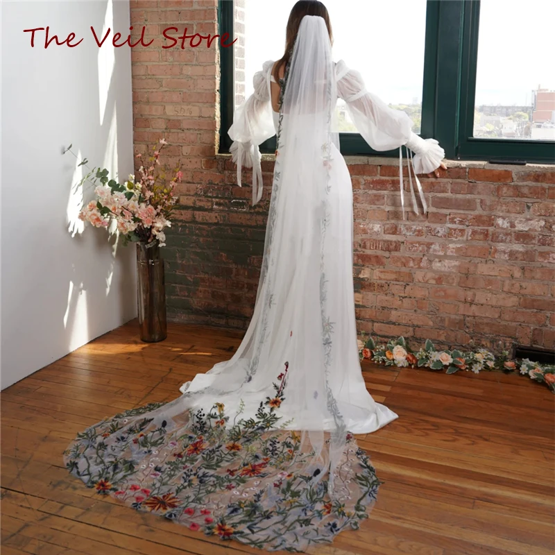 

Floral Bridal Wedding Veils Cathedral Long Full Lace Edge Colorful Accessories For Brides Red Yellow Green Unique Forest Outdoor