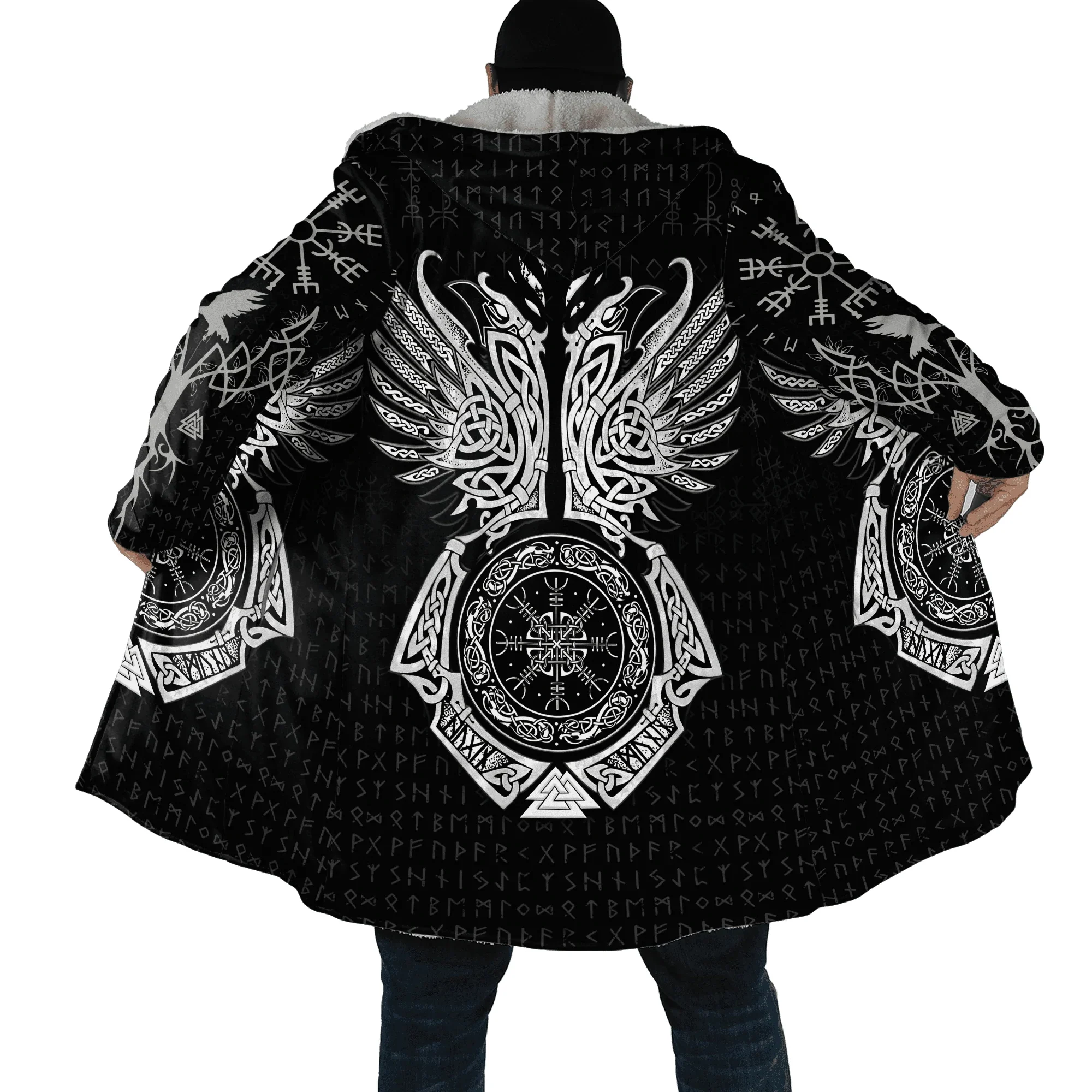 

Winter Fashion Hooded Cloak Wolf Tattoo Dragon Rune 3D Print Men's Thick Wool Hooded Coat Unisex Street Casual Warm Cloak Coat