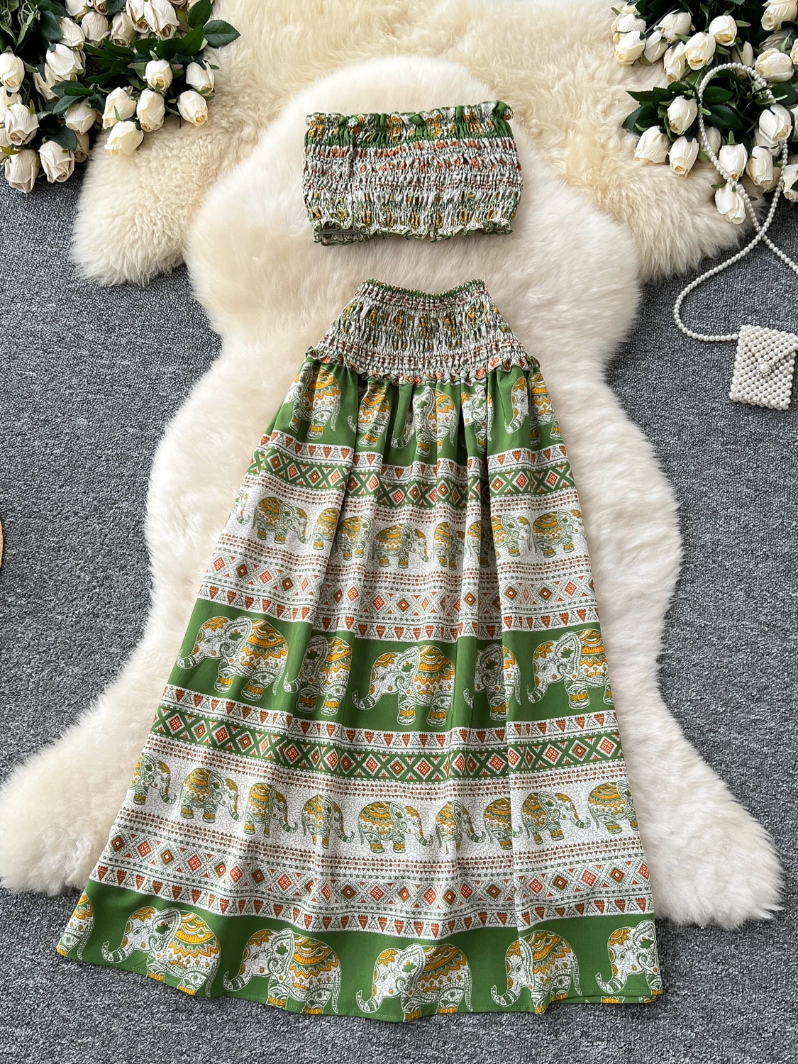 Thai Sle Vaion Wear Damen Sommer Design Knoten Krawatte Crop Top Hohe Taille Elefantenmuster Rock Faionable Ensemble