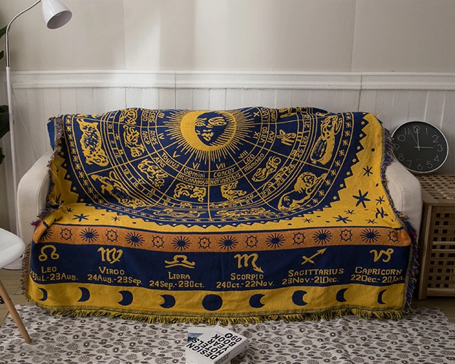 

Bohemian Constellation Yellow Woven Blanket for Sofa Soft Throw Blanket with Tassel Art Wall Tapestry Home Decor for Bed Couch