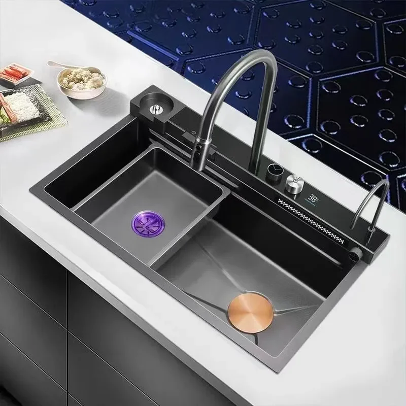 New 304 Stainless Steel Sink Honeycomb Digital Display Waterfall Rain Vegetable Basin Large Single Slot Mermaid Sink