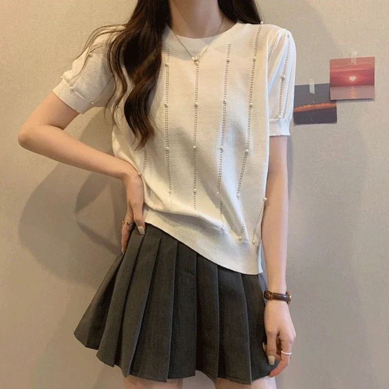 New Summer Elegant Fashion Korean Style Retro Loose Casual T-shirts for Women Decorations O Neck Short Sleeve Y2K Chic Tops A434