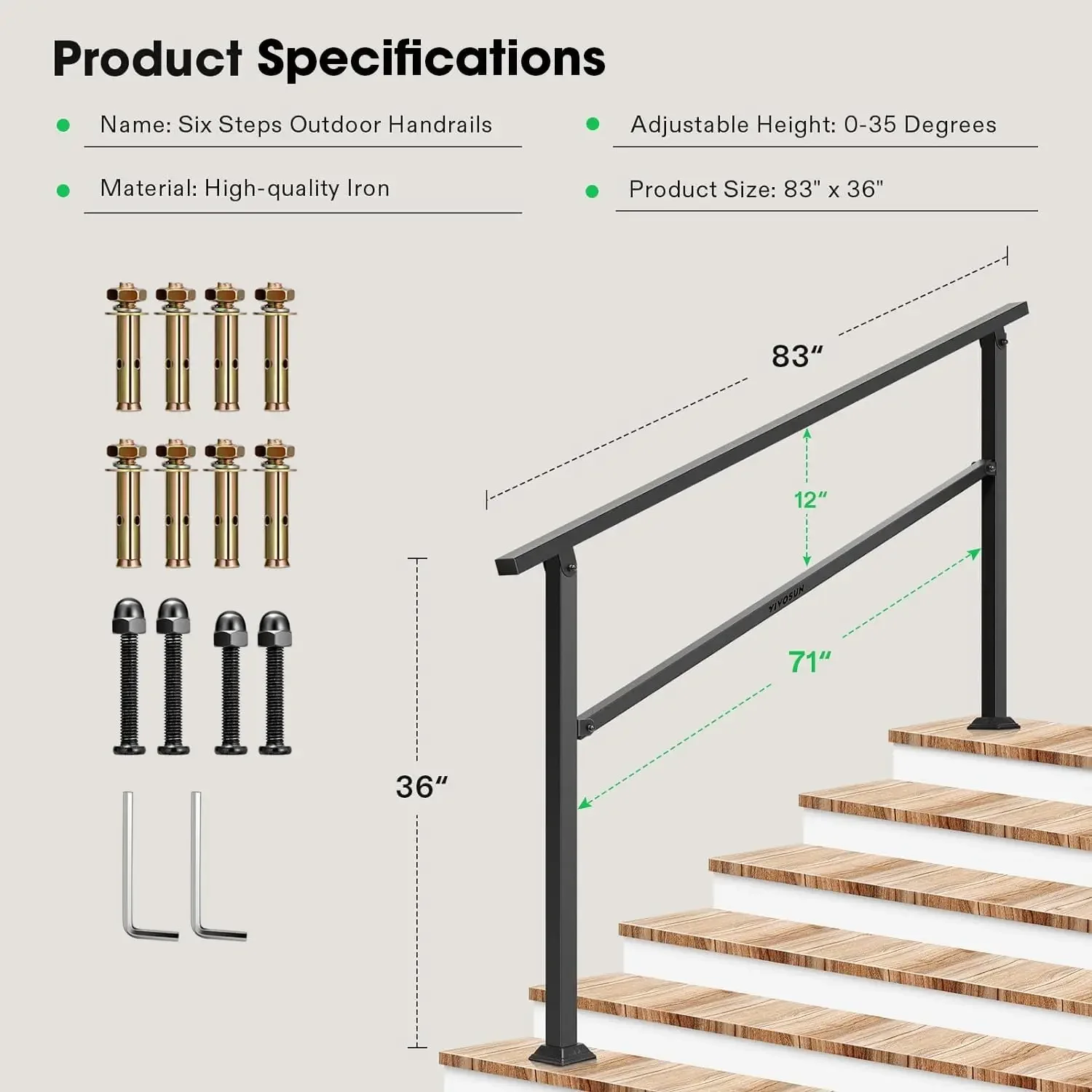 Main courante en fer forgé pour marches en béton, main courante pour escalier à 6 marches, convient pour 1 à 6 marches, 83 "x 36", extérieur