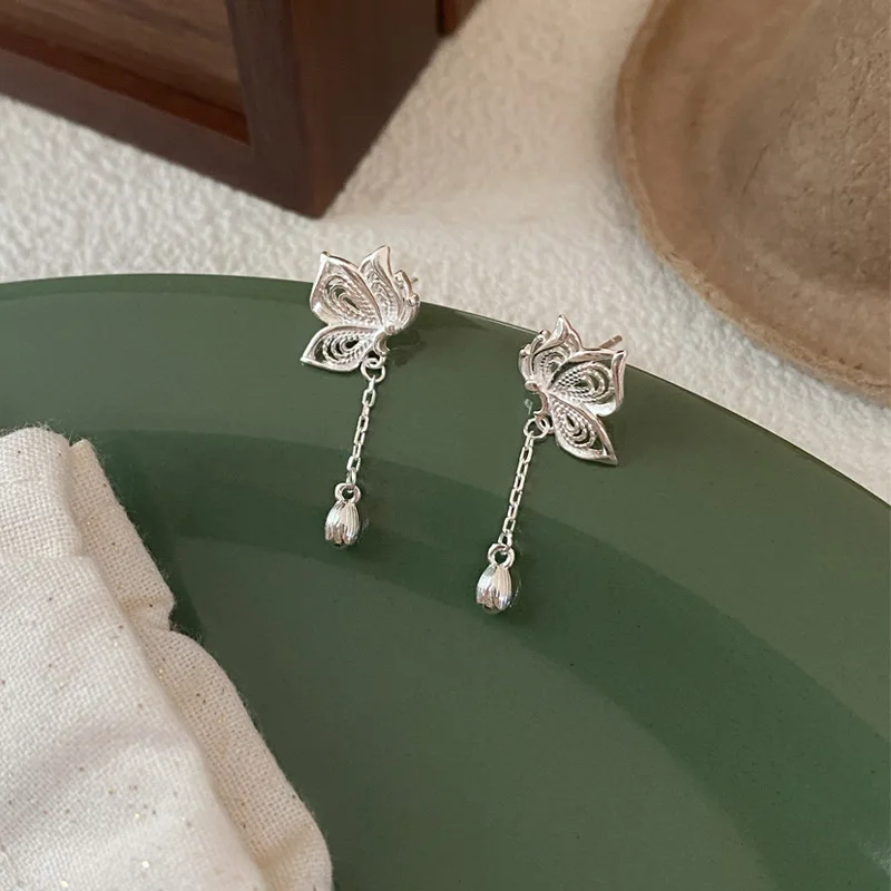 925 Sterling Silver Hollow Butterfly Piercing Stud Earrings For Women Chrome Engagement Jewelry Vintage Accessories Jewellery